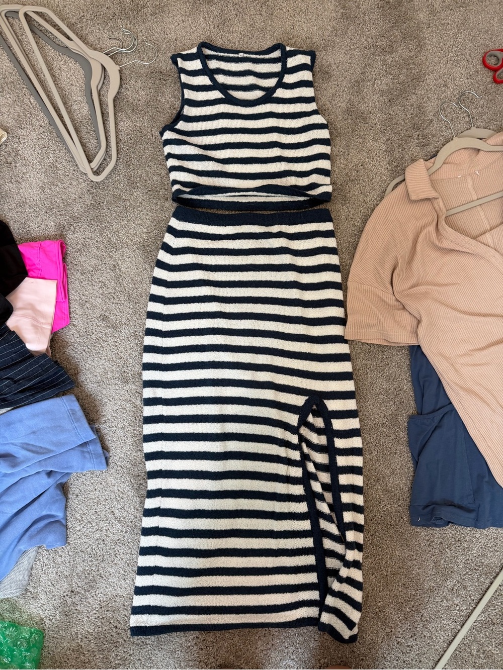 Striped Knit Two-Piece Dress Set — Navy and White